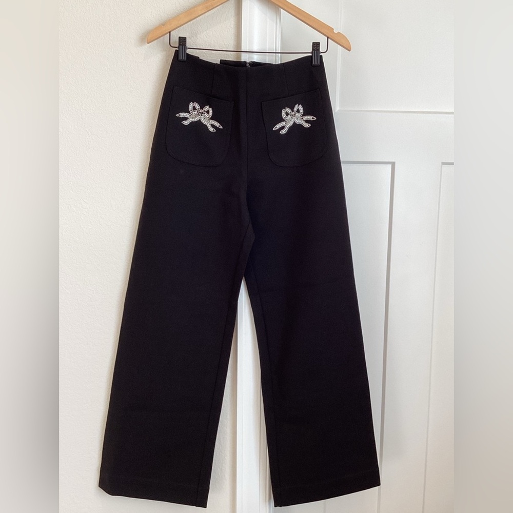 NWT! Anthro Maeve Colette Embroidered High-Rise Wide-Leg Full-Length Pants - 🍯 - Picture 4 of 13